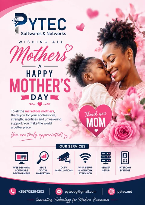 PYTEC Softwares & Networks Mother’s Day flyer featuring a happy mother and child with pink floral decorations, wishing all mothers a Happy Mother’s Day while showcasing web design, SEO, CCTV installation, Wi-Fi setup, server setup, and intercom services.
