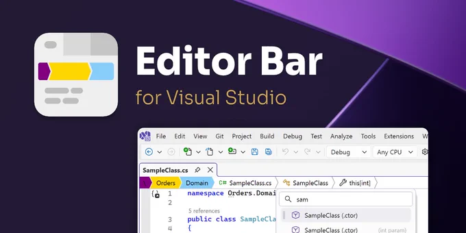 A banner with text "Editor Bar for Visual Studio", an icon and a screenshot of Visual Studio with the Editor Bar and opened member list.