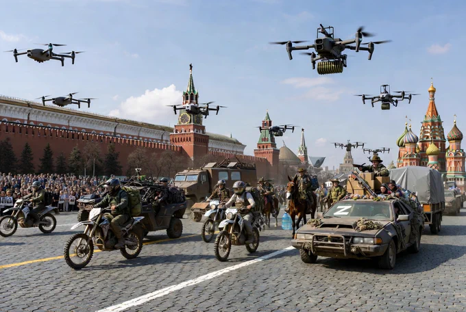 AI-generated depiction of a realistic Victory Day parade based on the warblogger's description