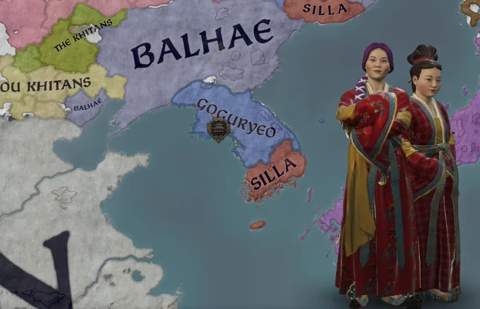 two young women in royal robes, one purple-haired, stand in front of a medieval map.

the nation of Goguryeo (part of modern Korea) is centred.