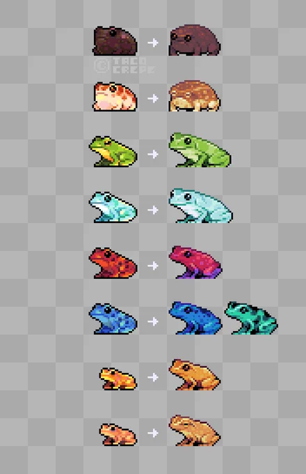 a list of frog sprites that I made. First column on the left are old sprites, and the 2nd Column on the right are new versions of these sprites. These frogs are (from top to bottom) : Black Rain Frog, Desert Rain Frog, Green Tree Frog, Whites Tree Frog, Strawberry Poison Dart, Blue Poison Dart, Green Poison Dart, Golden Mantella, Coqui.