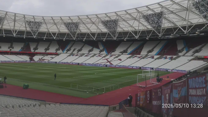 Image shows the London Stadium under the cloudy sky