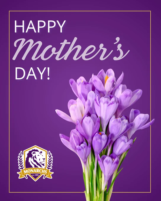 Purple flowers bouquet on a purple background with Happy Mother's Day text and Denison logo.