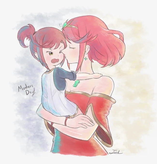 A drawing of (Xenoblade Chronicles 2, with her outfit at the end of 3) carrying her daughter, Glimmer, as she gives a kiss on the cheek. Glimmer leans away with an annoyed expression on her face! Happy Mother's Day, everybody! <3 