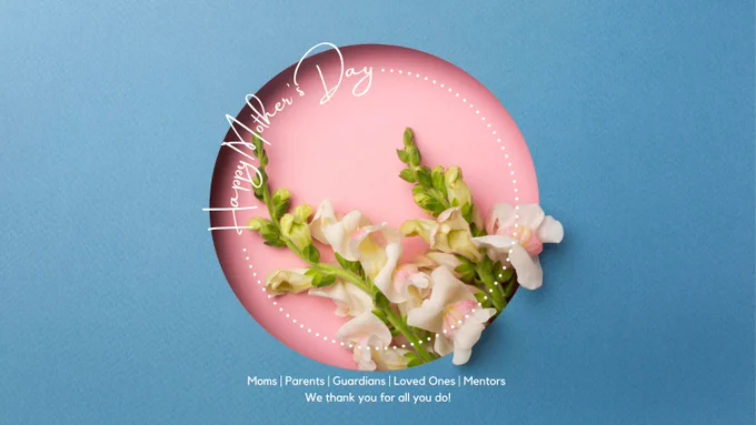 Pink plate with floral arrangement of white carnations and greenery on blue background. 