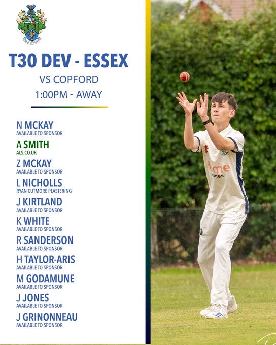 Halstead Cricket Club Dev XI team sheet for Week Four. T30 Dev – Essex vs Copford, 1:00pm, Away. Squad listed by initial and surname: N McKay, A Smith (ALS.co.uk), Z McKay, L Nicholls (Ryan Cutmore Plastering), J Kirtland, K White, R Sanderson, H Taylor-Aris, M Godamune, J Jones, J Grinonneau — all others available to sponsor. A photo of a young fielder in HCC whites catching a ball above his head occupies the right half, with a Hume Homes logo visible on his shirt.