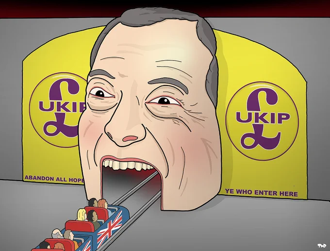 Cartoon showing carts with the UK flag on the side entering a haunted house attraction. The gateway into the ride is a giant face of Nigel Farage with a gaping open mouth.