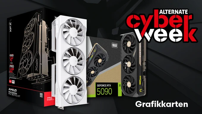 Werbegrafik zur „Alternate Cyber Week“ mit mehreren Grafikkarten von AMD Radeon und NVIDIA GeForce RTX, darunter eine GeForce RTX 5090. Schwarzer Hintergrund mit roten Akzenten und großem Schriftzug „Grafikkarten“.