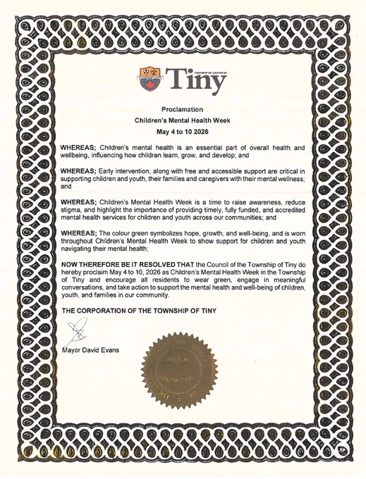 Official proclamation declaring May 4 to 10, 2026, as Children's Mental Health Week in the Township of Tiny, signed by Mayor David Evans.