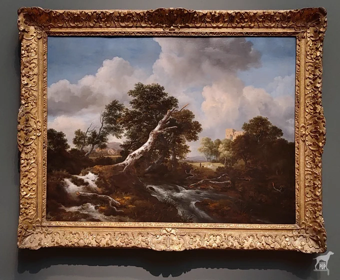Landscape painting with low waterfall in foreground and a dead uprooted beech tree that draws the eye to the distant right of the piece where there are travelers with a dog passing near castle ruins.