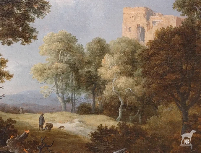 Detail from a 17th-century oil painting showing travelers with a dog passing near castle ruins surrounded by trees.