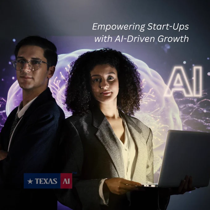 Business leaders, start-up founders, modern digital workspace with AI dashboards, cloud technology visuals, futuristic data interfaces, innovation, scalable growth, automation, AI-powered business transformation