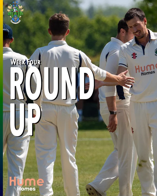 Halstead Cricket Club Week Four Round Up cover card. Three cricketers in HCC whites celebrate on a sunny outfield, the nearest player smiling broadly with Hume Homes branding visible on his shirt. Large white text reads "Week Four Round Up". The HCC coat of arms appears top left and the Hume Homes sponsor logo sits bottom left. A green, yellow and navy stripe runs down the left edge.