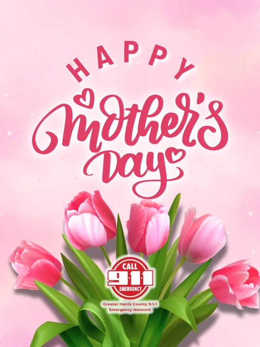 Pink tulips bouquet with a handwritten Happy Mother's Day message on a soft pink background.
