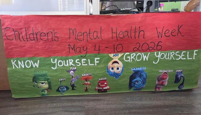 Banner for Children's Mental Health Week May 4-10, 2026, featuring Inside Out characters illustrating emotions like joy and sadness.