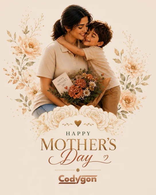 A Mother's Day graphic from Codygon Technologies. The text accompanying the image honors the "Mom Insight" engine as superior to AI, describing a mother as a sophisticated early warning system that senses a child\s silent needs, generates unconditional love, and reboots our confidence. It concludes: "A mother doesn't just see who we are; she sees every version of who we’ve been and exactly who we can become."
(c) 2026 Codygon Technologies Private Limited