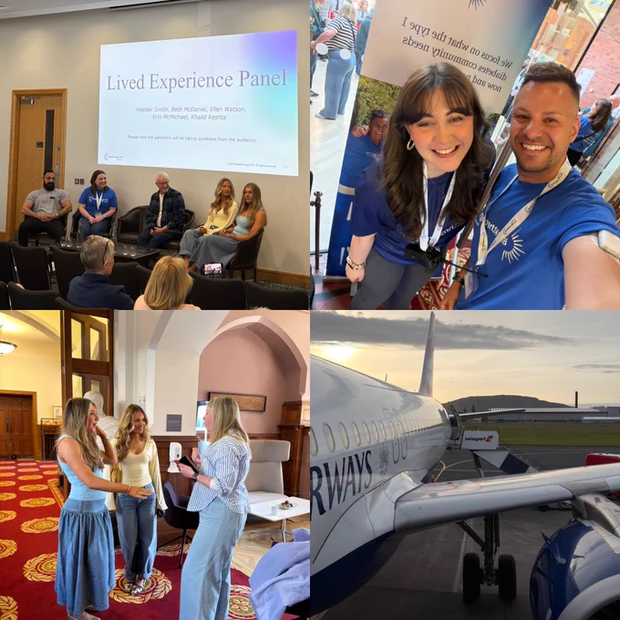Collage of photos from Breakthrough T1D UK Belfast Discovery Day (group photos, speakers, volunteers, venue)