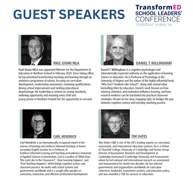 Illustrated with added images of speakers and text "Paul Givan MLA, Daniel T. Willingham, Carl Hendrick and Tim Oates.