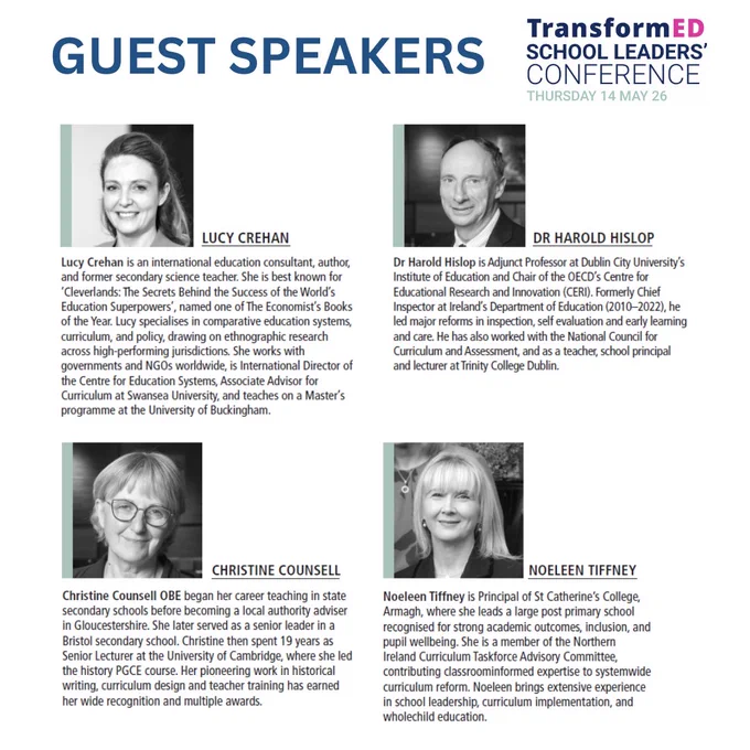 Illustrated graphic with added images of speakers and text "Lucy Crehan, Dr Harold Hislop, Christine Counsell, Noeleen Tiffney"