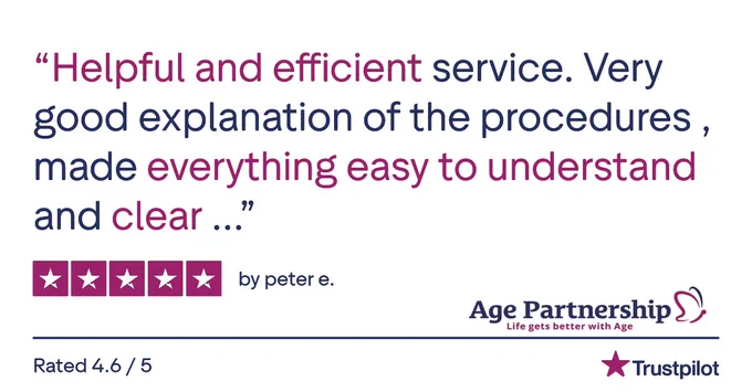 Customer review praising Age Partnership for clear, helpful, and efficient service with easy-to-understand procedures.