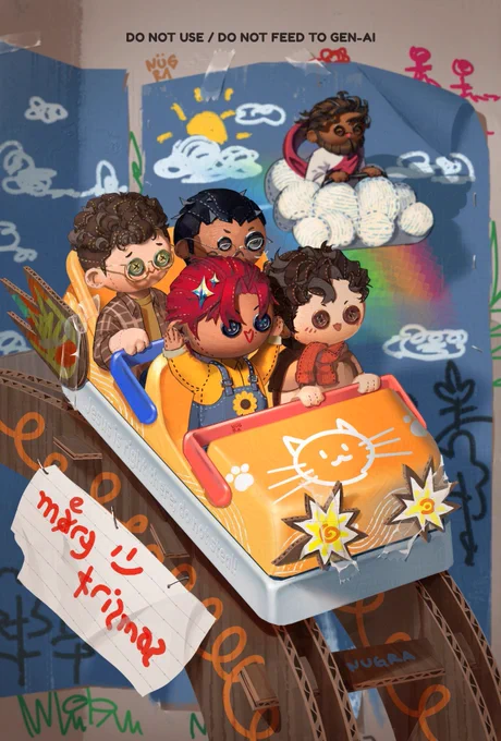 painting of Rag doll Chibi style with cardboard and childish vibe.
Nara; left, front, red haired, with gold stitches, light brown skin, with black eyes made of black buttons, shirt in yellow and light blue denim overalls.
Noah; next to Nara in the front seat, curly brunette hair, with orange-ish stitches. Salmon-colored sweater and brown t-shirt. light skin, with brown undertone. Brown buttons for eyes. 
Bastion (behind, left); curly light brunette hair with yellow stitches, green buttons for eyes, brown checkered flannel shirt, with dark yellowish shirt inside. Light skin with pinkish undertone. glasses is gold color.
Me (next to Bastion); Black of hair with gray strips & stitches. Black buttons. Brown skin.
Jesus on the cloud at the back; Brown skin, brown hair, brownish eyes, with white garment and red scarf. On rainbow and white cloud
wall is lighter brown with blue papers. the rollercoaster ride is yellow with pink and blue handles.
"mery kirzmaz" in red on white paper