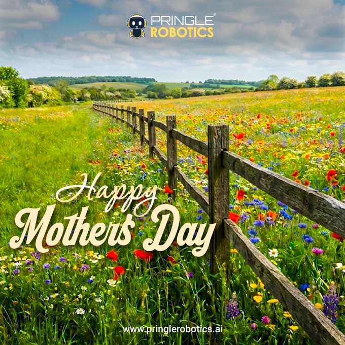 A tranquil Mother's Day greeting over a vibrant field of wildflowers with a wooden fence stretching into the distance. The composition feels warm and inviting, with a touch of nature's beauty.
