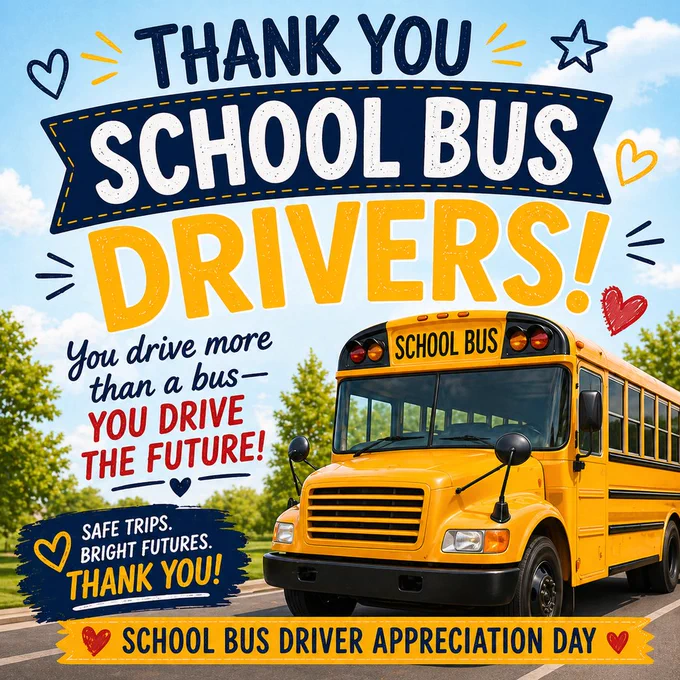 Picture of a school bus on the road and the text thank you school bus drivers