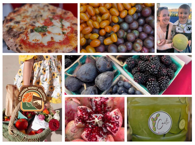 A collage of images featuring a pizza, cherry tomatoes, and fresh figs. There are blackberries displayed in cartons, a person holding a melon, a vibrant array of pomegranate seeds, a jar labeled "Coati," and a display of produce next to a farmers market sign.