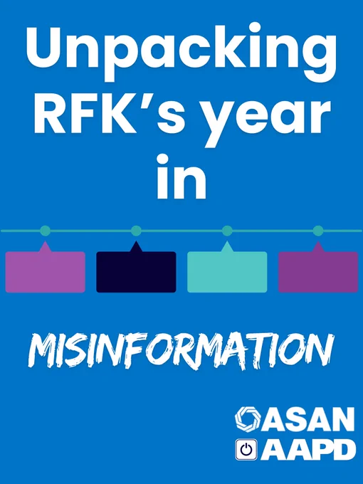 Graphic titled 'Unpacking RFK's year in misinformation' with colored blocks and ASAN AAPD logos on blue background.