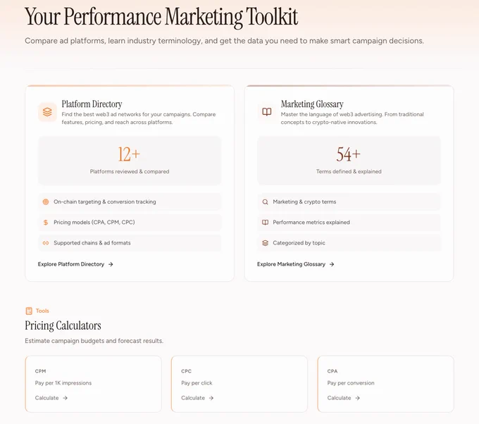 A toolkit features a platform directory comparing ad networks and a glossary defining marketing terms related to Web3 advertising.