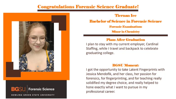 Picture of Tiernan Ice, portrait, plans after graduation include backpacking, BGSU moment includes adjunct faculty Jessica Mendofik and her influence on Tiernan's pursue of her professional career.