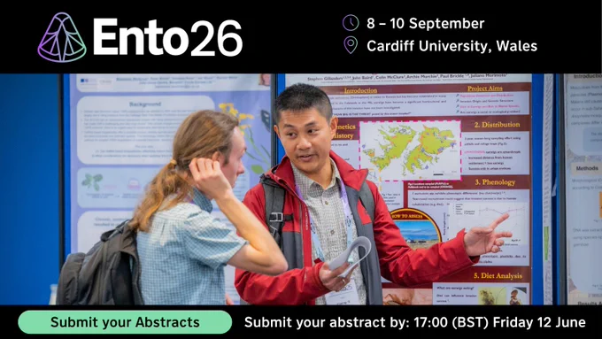 Two attendees discuss a scientific poster at a conference, advertising Abstract Submission for Ento26 to be held at Cardiff University in Wales, September 8-10 2026.
