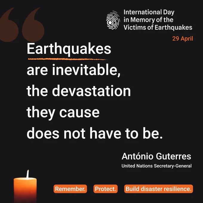Quote by António Guterres on earthquakes emphasizing inevitability but preventable devastation for International Day in Memory of Earthquake Victims.