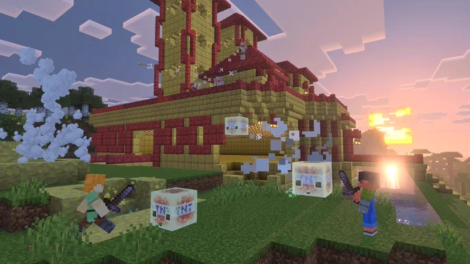 Escena de Minecraft Caos al Cubo que muestra a jugadores enfrentándose a cubos de azufre explosivos alrededor de una fortaleza roja y amarilla al atardecer, con cubos llenos de TNT, explosiones de humo y géiseres creando una acción caótica por todo el paisaje.