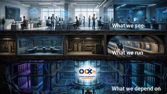 Three-layer illustration of a digital ecosystem: developers working in modern IDE environments at the top labelled ‘What we see’, operational systems like control rooms and transport infrastructure in the middle labelled ‘What we run’, and a large underground data centre with servers and the Open Community Experience logo at the core labelled ‘What we depends on’.