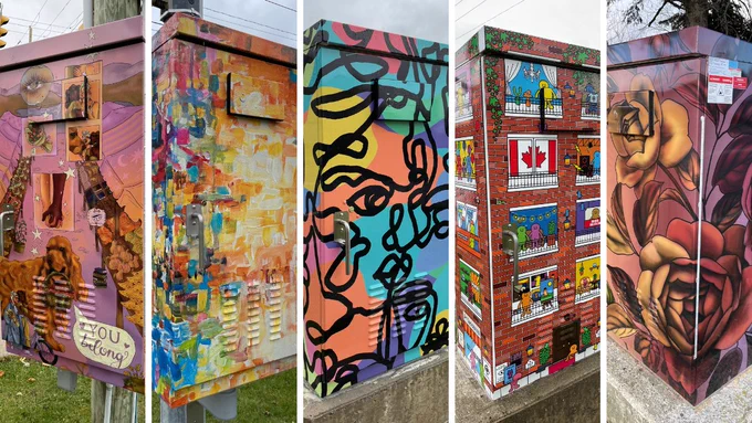Five utility boxes adorned with diverse artwork. 