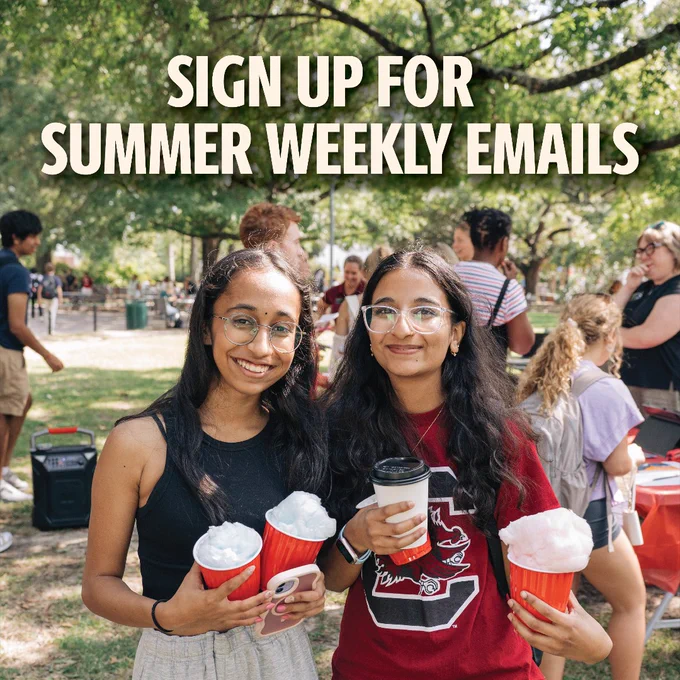 Photo of two women at the Fellowship Fair. Text on top of image reads: Sign-Up for Summer Weekly Emails.