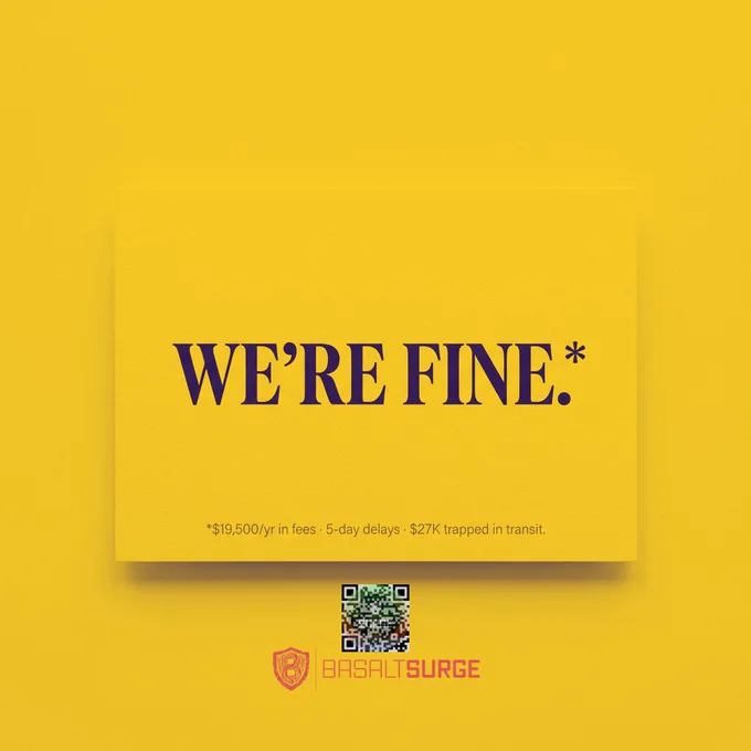 A minimalist white card reading "WE'RE FINE*" in bold text with an asterisk footnote revealing $19,500 in annual fees, 5-day settlement delays, and $27K trapped in transit — challenging the assumption that traditional banking is adequate for growing businesses.