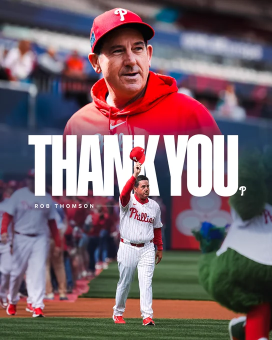 Graphic with text that reads "Thank you, Rob Thomson". Thomson is pictured smiling above a picture of him acknowledging the fans on Opening Day