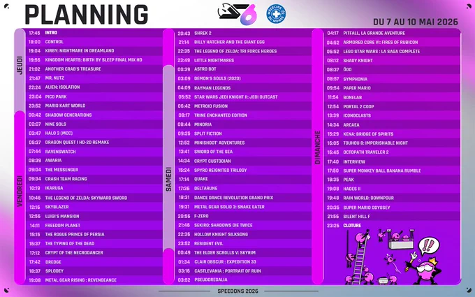 Planning complet de SpeeDons 6 (du 7 au 10 mai 2026), marathon de speedrun pour Médecins du Monde. Le visuel violet regroupe les 4 jours et est illustré par des "béboules". Une scène en bas montre une interview de béboule.

Le marathon débute le jeudi à 17:45 (Introduction) et se termine le dimanche à 23:26 (Clôture). Parmi les 80 runs prévues : Zelda Skyward Sword (Vendredi 10h46), Hollow Knight Silksong (Samedi 22h36) et Hades II (Dimanche 19h08). Pour le détail complet des jeux et runners, se référer aux visuels par jour sur ce post :
https://x.com/SpeeDonsFR/status/2034711558379487533?s=20
