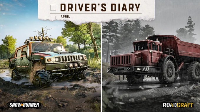 Split image showing a muddy off-road Hummer truck in a forest and a large red dump truck on a rainy grey road.