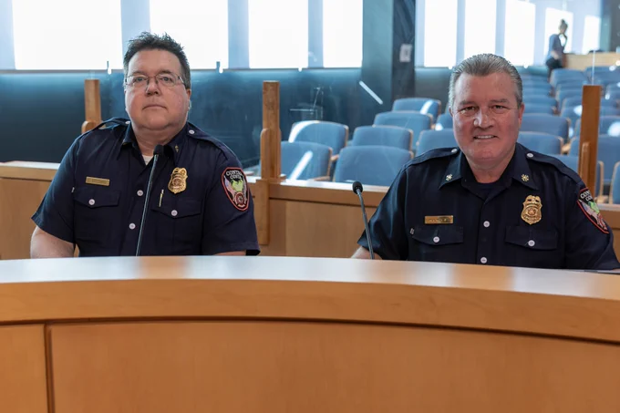 (Left) Interim Fire Chief Lewis Broschard and (right) Deputy Fire Chief Aaron McAlister provide a budget overview to the Contra Costa County Board of Supervisors in Martinez, Calif. on April 28, 2026.