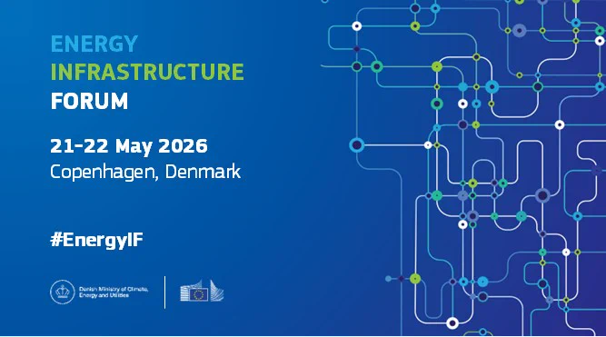 Energy infrastructure forum, 21-22 May 2026, Copenhagen - Denmark. Dark blue visual identity with links and connecting dots on the right, in white, turquoise, purple and green. 