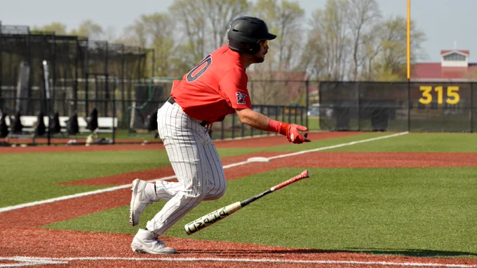 Josh Miller runs for first base after a hit at Gustavus last week.