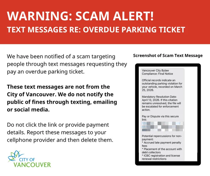 A graphic text that reads: Warning ⚠️ Scam Alert: We have been notified of a scam targeting people through text messages requesting they pay an overdue parking ticket. This is not the City, we do not notify the public of fines through texting, emailing or social media. 