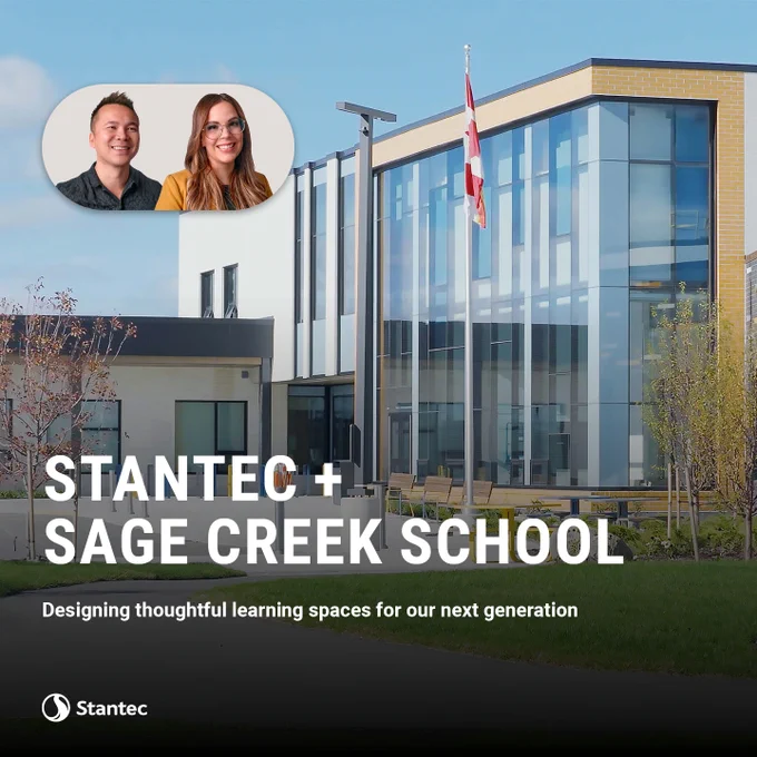 Modern school building with large glass windows and Canadian flag, highlighting collaboration between Stantec and Sage Creek School.