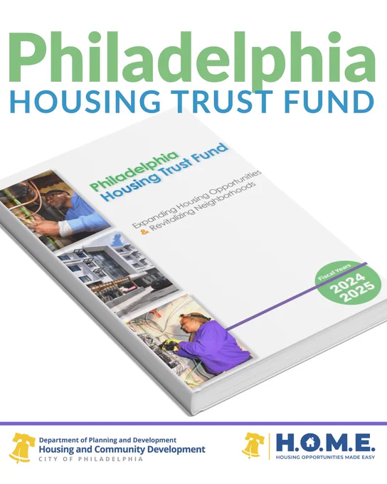 image of front cover of Housing Trust Fund report, text reads, "Philadelphia Housing Trust Fund." The Division of Housing and Community Development and Housing Opportunities Made Easy logos appear at the bottom