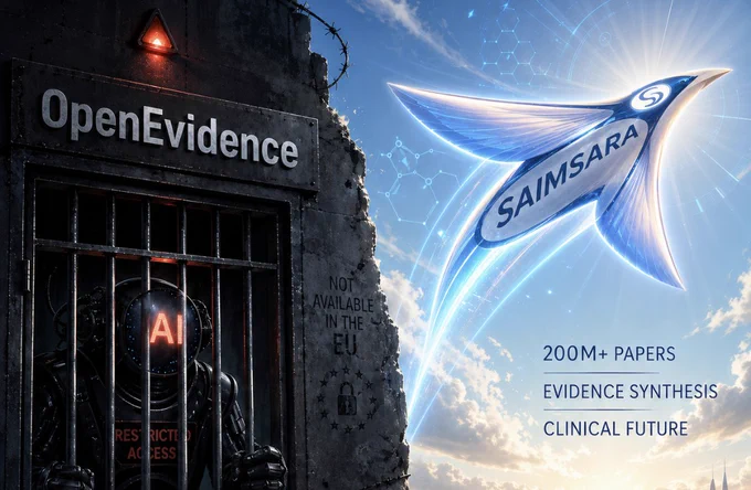 A dramatic split-scene illustration. On the left, a dark prison wall labeled “OpenEvidence” shows a robot marked “AI” locked behind bars with chains and a sign suggesting restricted EU access. On the right, a bright futuristic sky shows a glowing bird-like craft labeled “SAIMSARA” soaring upward above a river valley and futuristic city, with the text “200M  papers,” “evidence synthesis,” and “clinical future.”