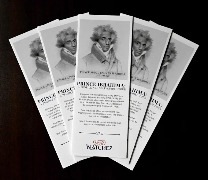 Follow the incredible journey of the African prince who spent 40 years enslaved near Natchez before gaining his freedom! This pocket-sized publication features his story and a handy map of the key sites tied to his history in Natchez and Adams County. Free printed copies are now available at the Visit Natchez at The Depot Visitor Center, 200 N. Broadway St. and other locations (see article).

You can also download it directly from our website and take the tour at your own pace!
