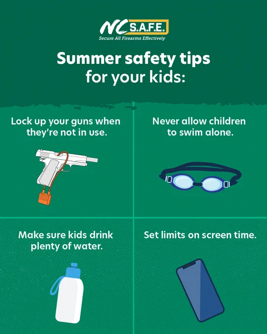 An infographic titled "Summer safety tips for your kids:". The four tips are: Lock up your guns when they're not in use, never allow children to swim alone, make sure kids drink plenty of water, and set limits on screen time.